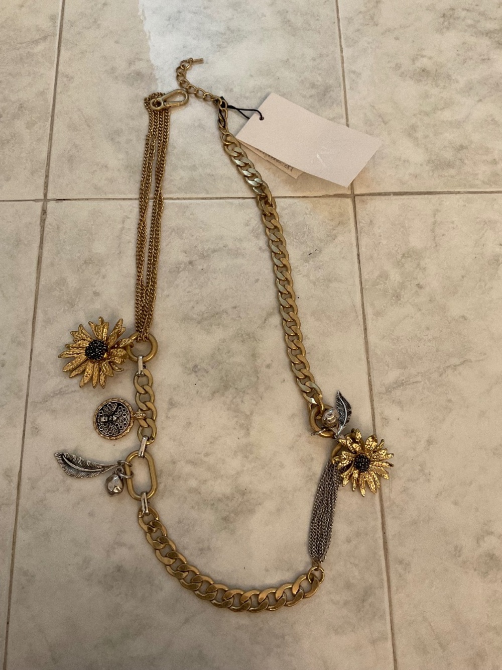 ZARA Gold Tone Chain Belt Sunflower Charms Coin Feather Statement 40” NWT